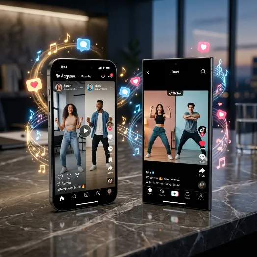 Manos de un editor interactuando con una interfaz holográfica de TikTok para sincronizar pistas de audio y notas musicales.