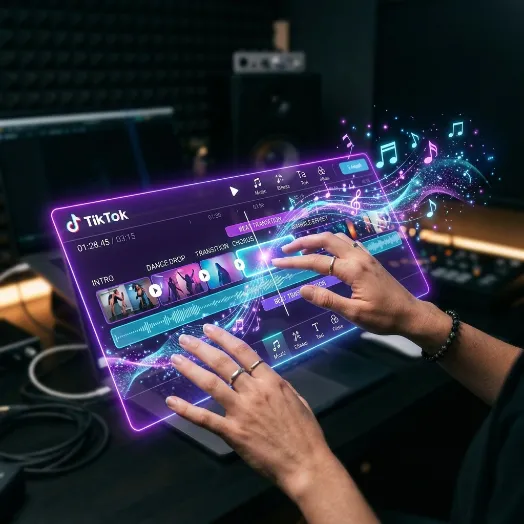 Manos editando pistas de sonido en una pantalla holográfica interactiva de TikTok con ondas y notas musicales brillantes.