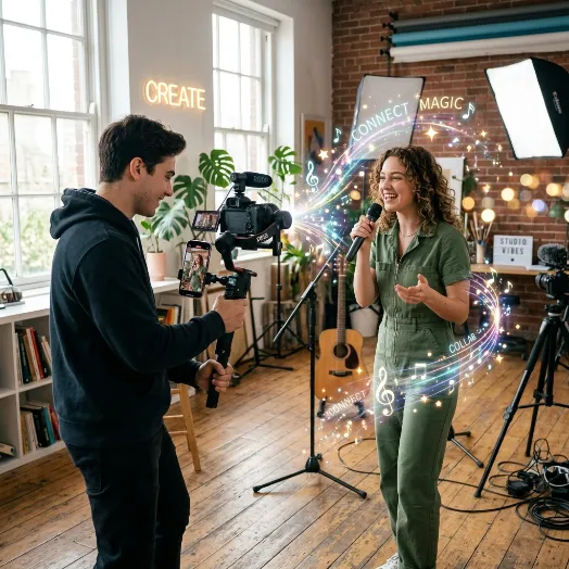 Una editora frente a un monitor vertical que muestra una publicación de Instagram con formas abstractas y coloridas en 3D.
