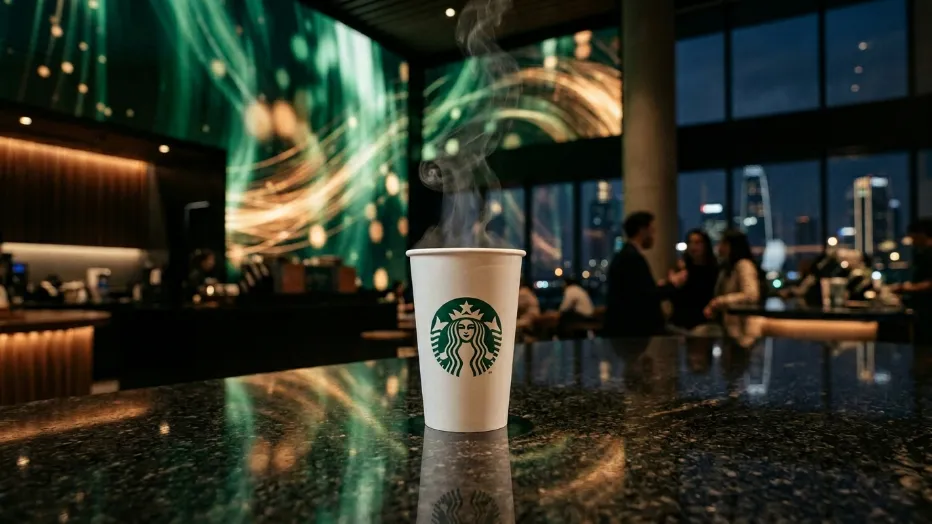 Un vaso de café de Starbucks humeante sobre una barra oscura con clientes conversando en una cafetería moderna por la noche.