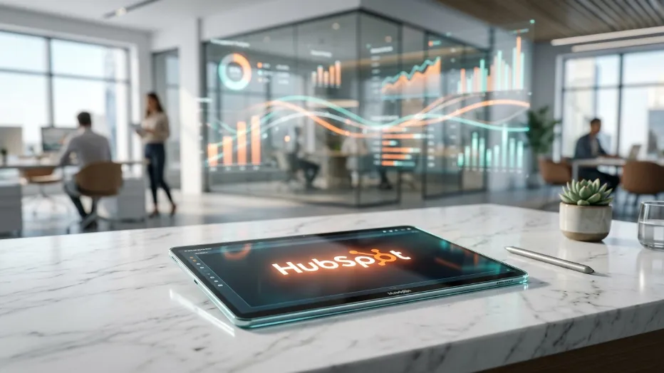 Una tableta digital con el logotipo de HubSpot sobre un escritorio de mármol frente a gráficos empresariales flotantes.