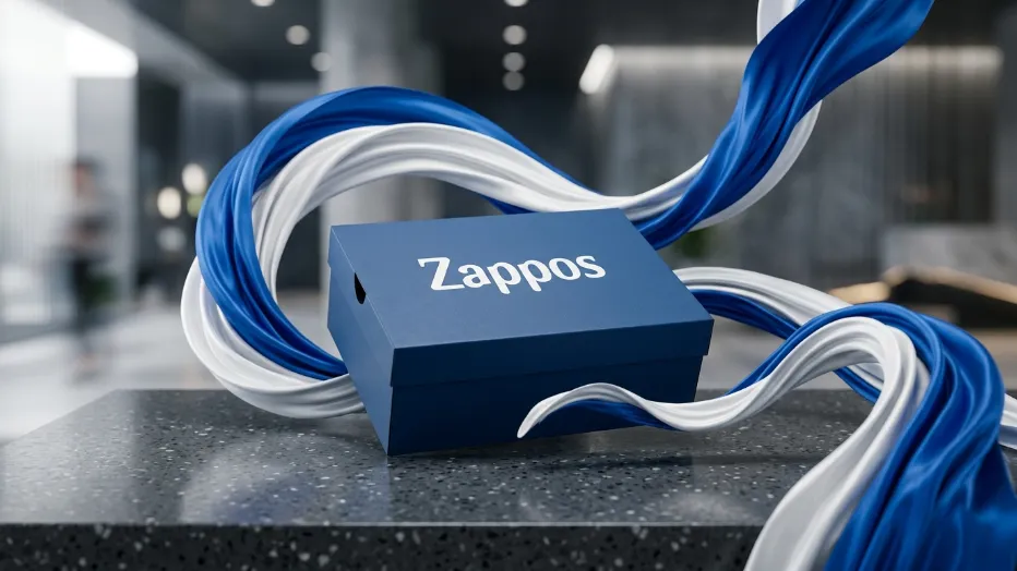 Una caja de zapatos azul con el logotipo de Zappos rodeada de cintas fluidas azules y blancas sobre un mostrador.