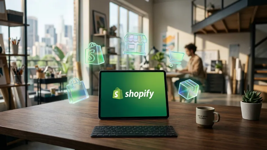Tableta con el logotipo de Shopify en un escritorio rodeada de iconos flotantes de carritos, tiendas y paquetes de compra.