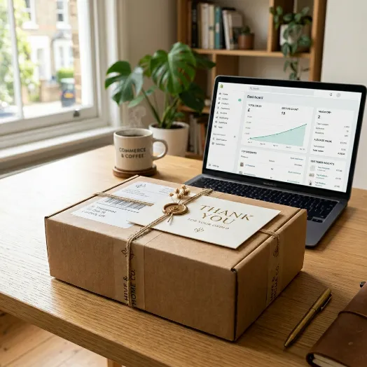 Una caja de envío de cartón con una tarjeta de agradecimiento sobre un escritorio, junto a una laptop que muestra un panel con gráficos de ventas en línea.