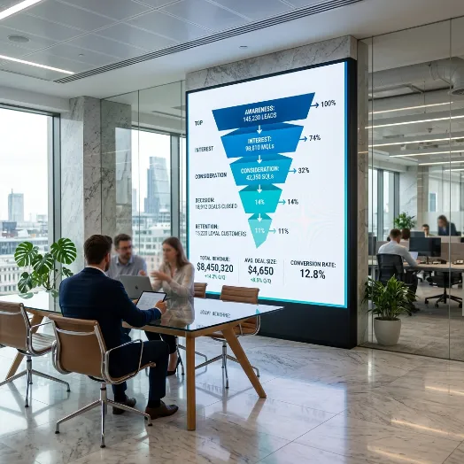 Un equipo de ejecutivos se reúne en una sala de juntas frente a una pantalla gigante que detalla métricas y porcentajes de conversión de un funnel.