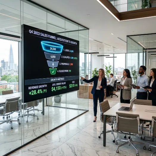 Una profesional expone un embudo de adquisición en una gran pantalla digital interactiva ante su equipo en una oficina moderna.