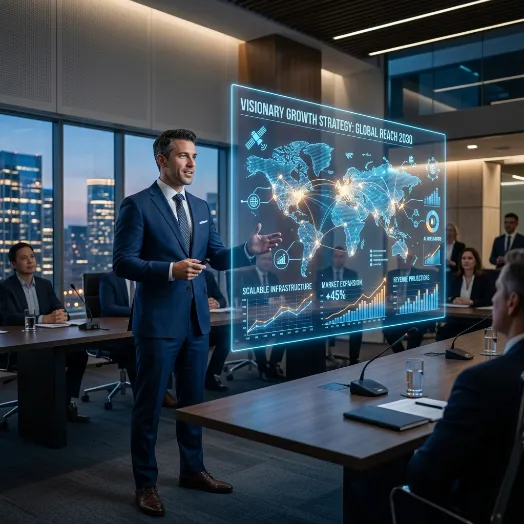 Un empresario con traje azul expone una estrategia de crecimiento global señalando una gran pantalla holográfica con mapas y gráficas.