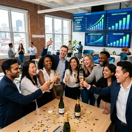 Empleados sonrientes de una empresa llamada Techvolve chocan sus copas frente a pantallas que muestran un crecimiento del 240%.