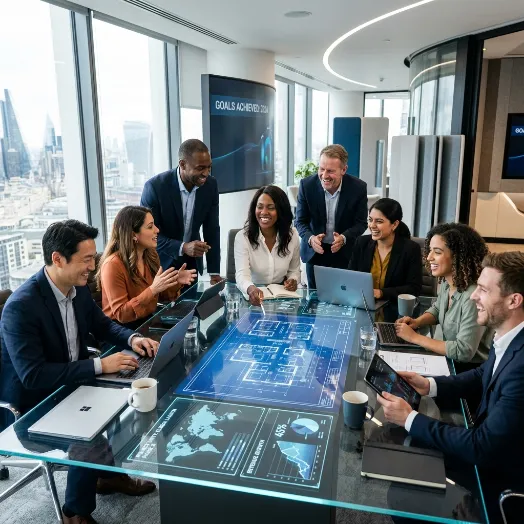 Equipo de profesionales en una oficina abierta interactúa alrededor de una pantalla horizontal que proyecta el plano arquitectónico azul de una propiedad.