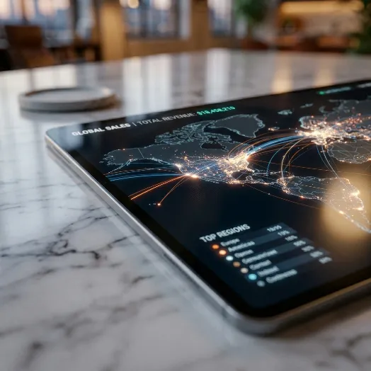 Una tableta digital apoyada sobre una superficie de mármol muestra un mapa mundial con flujos de ventas globales e indicadores comerciales.