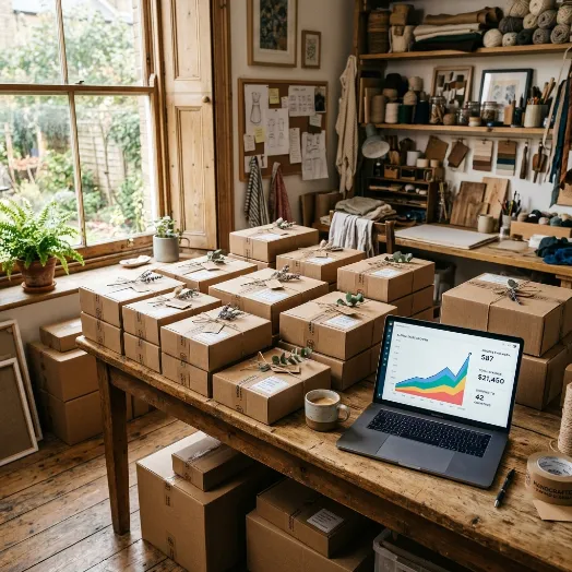 Una mesa de madera rústica repleta de cajas de envío decoradas con plantas secas, junto a una taza de café y una laptop que muestra un gráfico lineal con métricas de ventas.