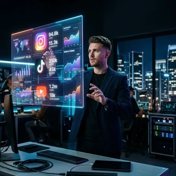 Hombre analizando métricas holográficas de redes sociales en una oficina.
