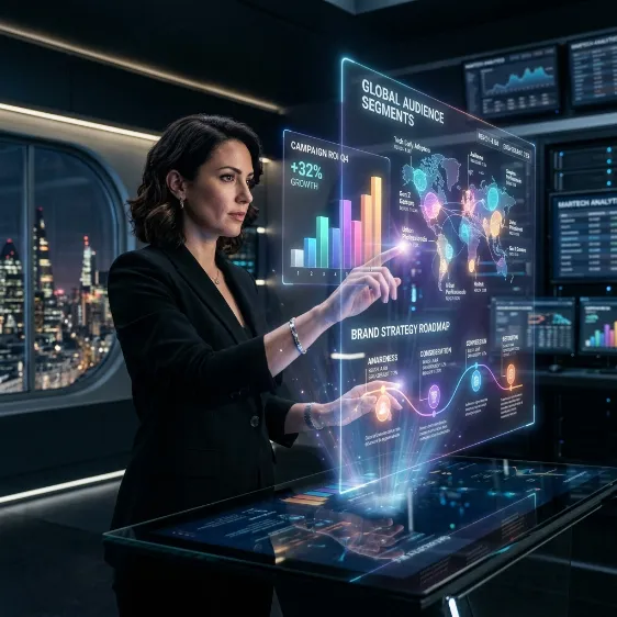 Mujer analizando gráficos de ROI y audiencia global en una pantalla táctil holográfica.