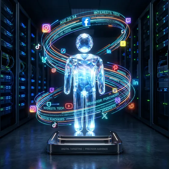 Modelo 3D de un perfil de cliente rodeado de datos e iconos de redes sociales.