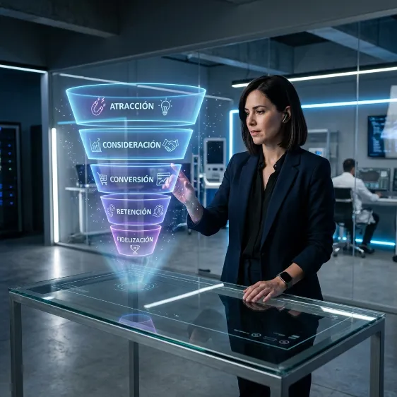Mujer ajustando un embudo de conversión holográfico en un laboratorio tecnológico.