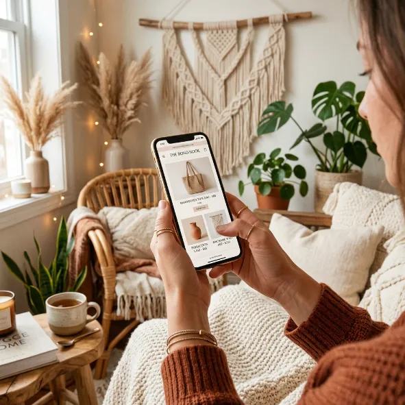 Mujer navegando por una tienda online boho-chic en su celular.