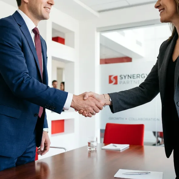 Apretón de manos entre dos profesionales en sala corporativa.