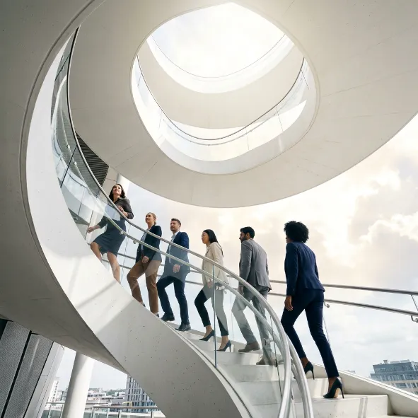Grupo de profesionales subiendo una escalera caracol moderna hacia la luz.