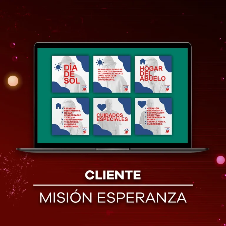 Pantalla de laptop mostrando grilla de publicaciones institucionales para la fundación Misión Esperanza.