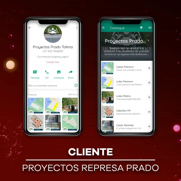 Vista de catálogo digital de inmuebles y lotes comerciales en dos pantallas de smartphones.