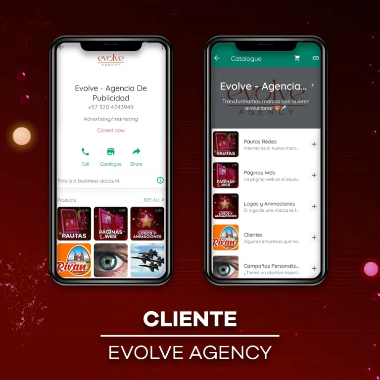 Interfaz móvil de servicios publicitarios y canales de comunicación para Evolve Agency.