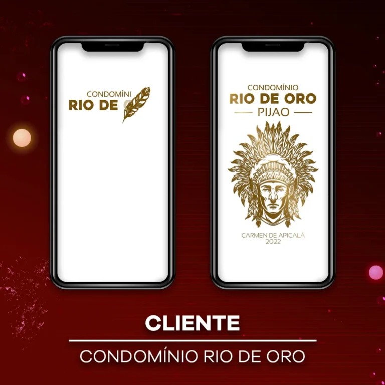 Identidad de marca y logotipo dorado de Condomínio Rio de Oro en dos pantallas de celulares.