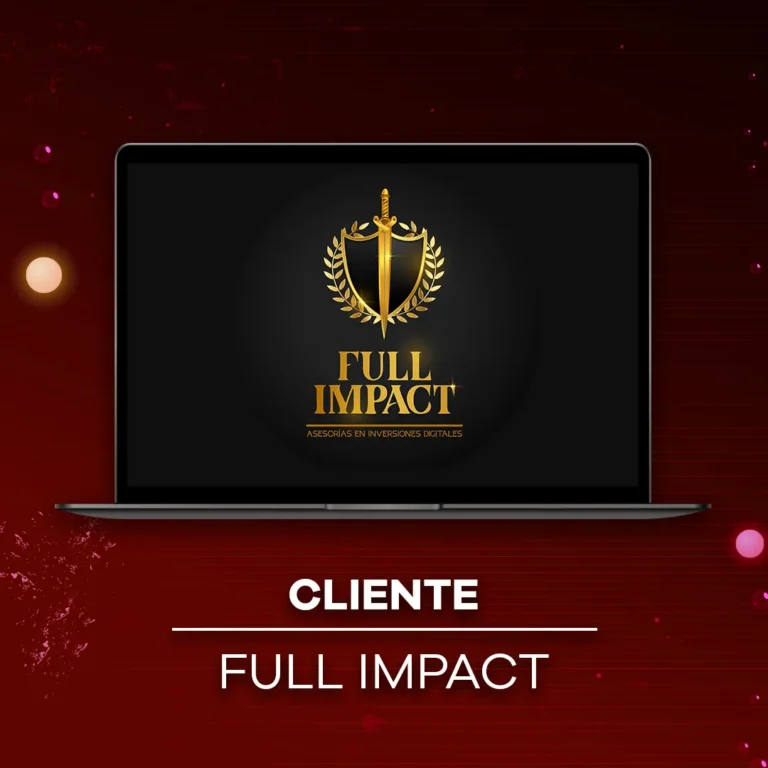 Pantalla de laptop exhibiendo logotipo dorado en forma de escudo y espada de Full Impact.