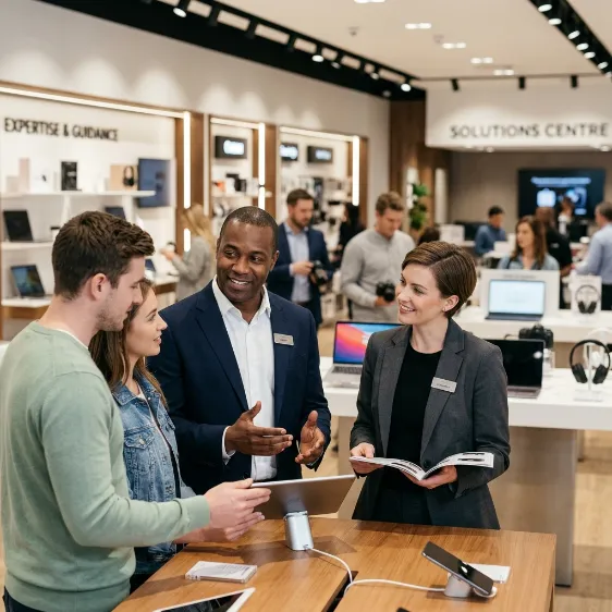 Dos asesores de ventas atienden a una pareja de clientes en una tienda de tecnología.