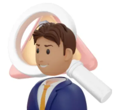 Avatar en 3D de perfil inclinado con una gran lupa blanca apuntando detrás de su cabeza hacia un triángulo rosa.