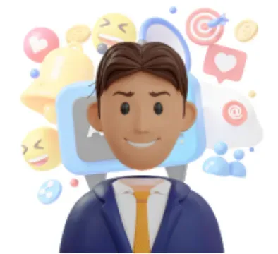 Personaje en 3D con auriculares de soporte técnico, posando frente a la pantalla de un smartphone con gráficos de pastel y un reloj de arena.