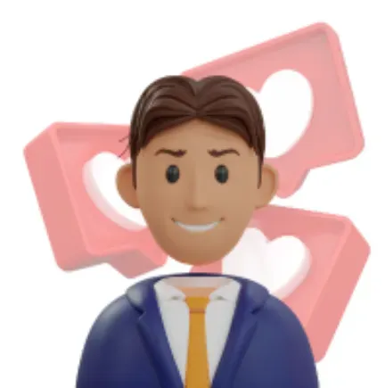Avatar masculino en 3D sonriendo con traje azul y corbata amarilla, rodeado de burbujas de diálogo rosadas con íconos de corazones.
