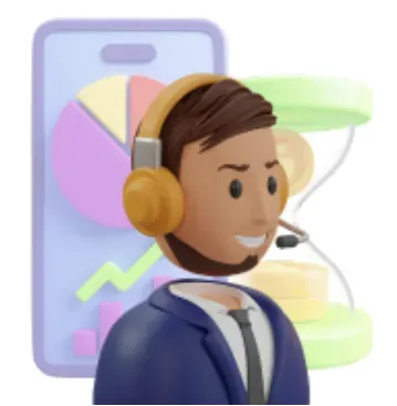 Personaje en 3D con auriculares de soporte técnico, posando frente a la pantalla de un smartphone con gráficos de pastel y un reloj de arena.