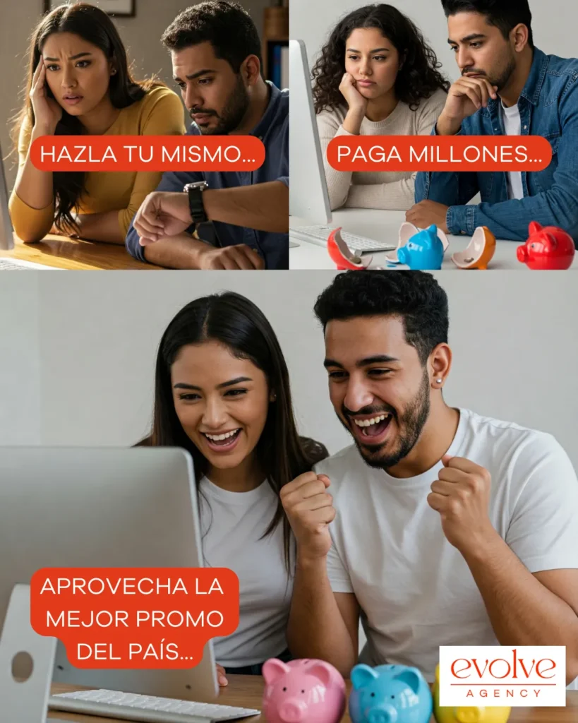 Imagen publicitaria de Evolve Agency que contrasta la frustración de crear una web propia o pagar de más con la alegría de aprovechar una promoción económica.