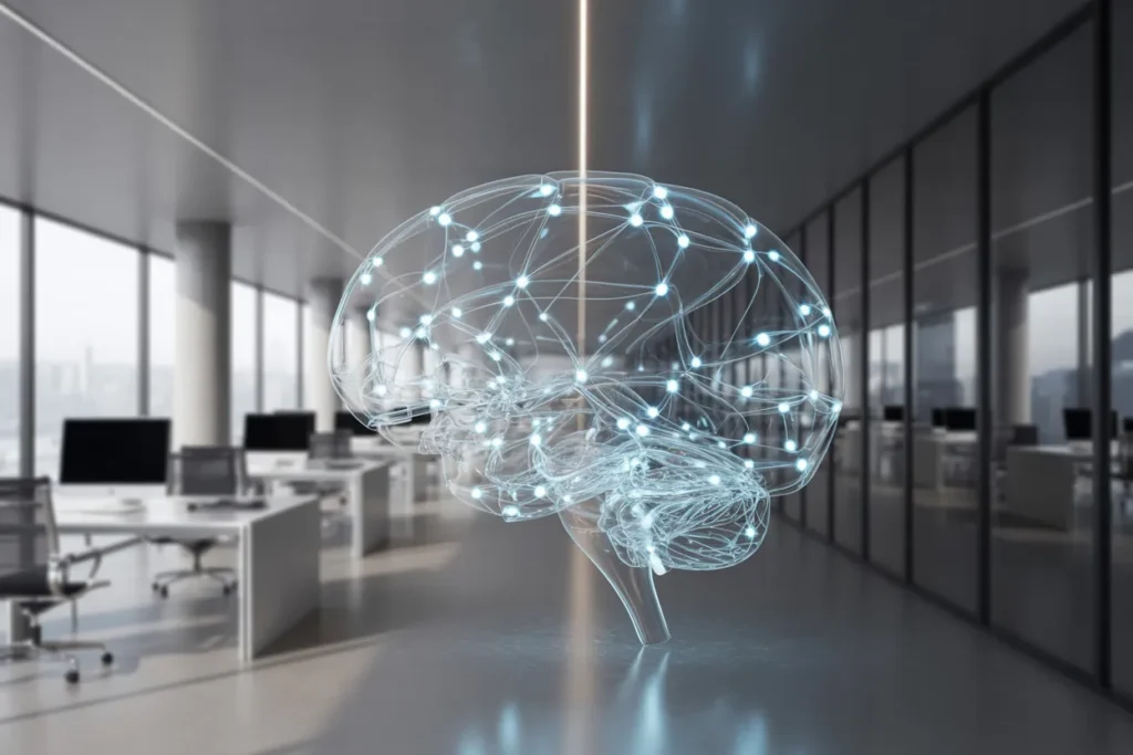 Un cerebro holográfico e iluminado flotando en el pasillo central de una oficina moderna y vacía.