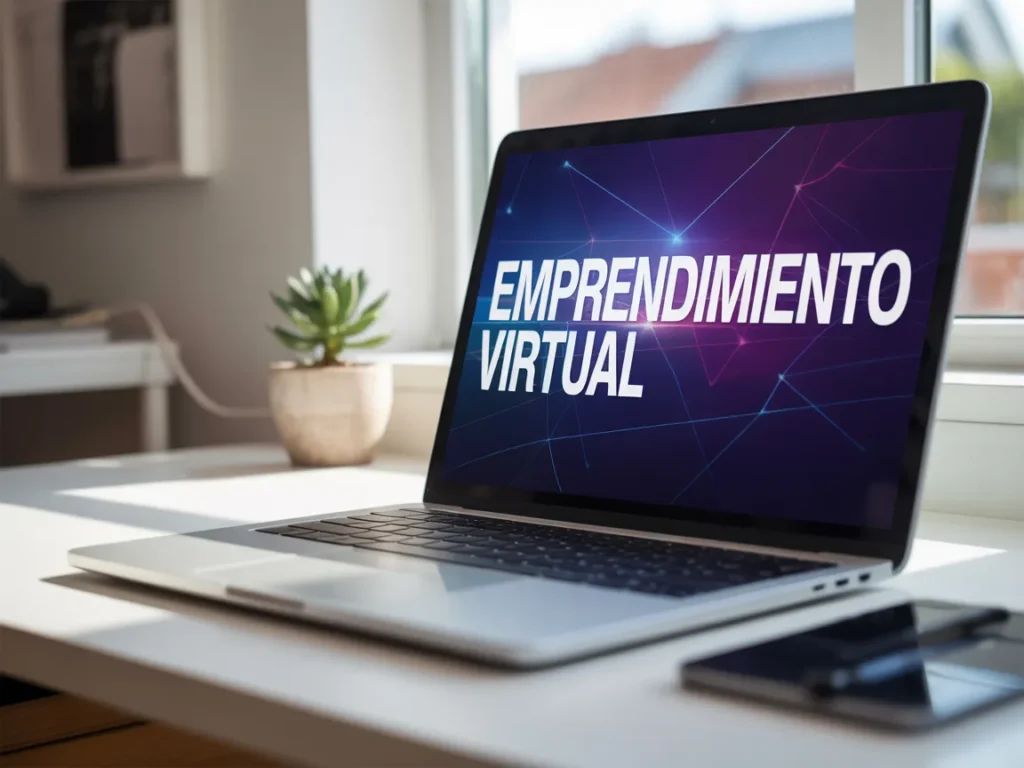Computadora portátil abierta en un escritorio mostrando las palabras Emprendimiento Virtual.