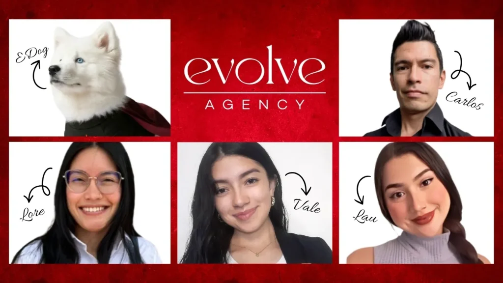 Cuadrícula con fotos de los profesionales del equipo de Evolve Agency y su mascota E-Dog sobre fondo rojo.