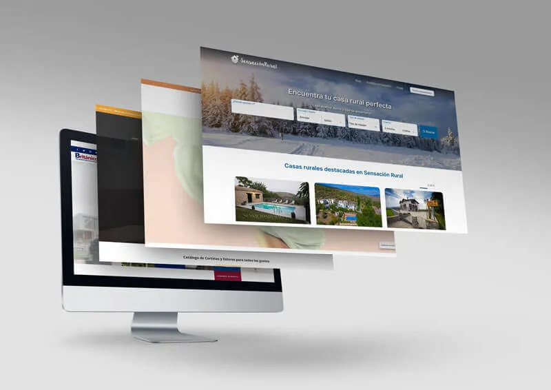 Un monitor de computadora del cual se desprenden varias capas flotantes que muestran diferentes diseños de páginas web empresariales.