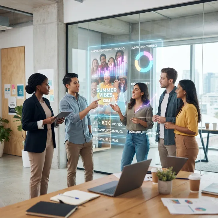 Equipo IT analizando datos de rendimiento de red y tráfico en un panel futurista.