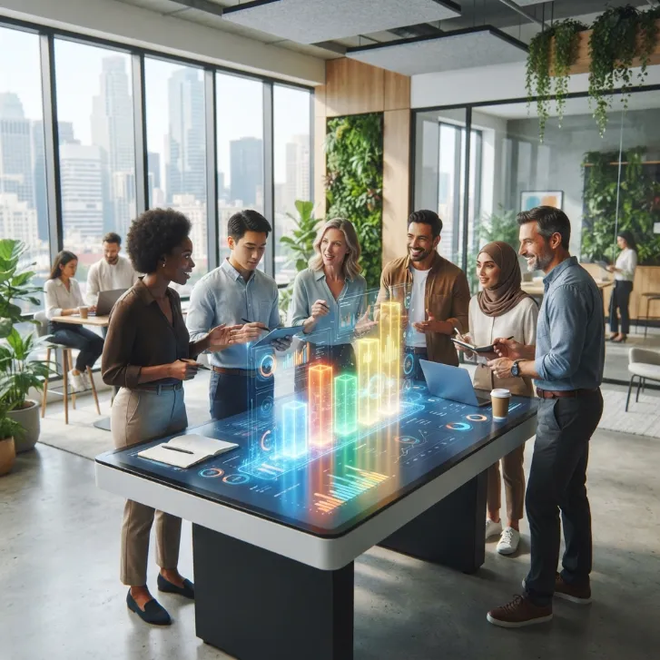 Equipo de trabajo colaborando alrededor de una mesa interactiva con gráficos y métricas holográficas en una oficina moderna.