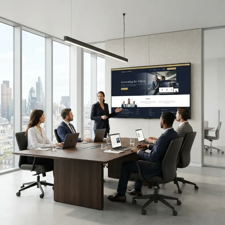 Equipo en sala de reuniones observando un sitio web corporativo en una pantalla gigante.