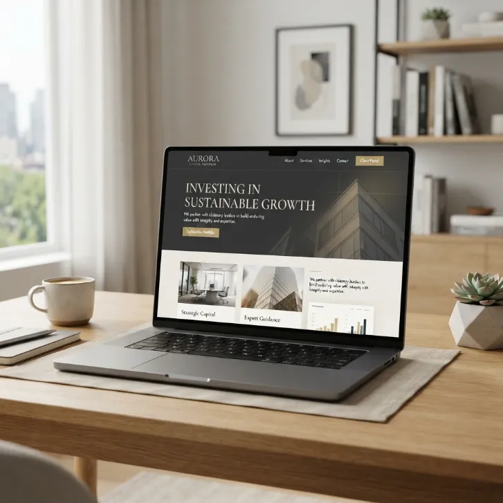 Ordenador portátil abierto mostrando una página web corporativa sobre un escritorio de madera.