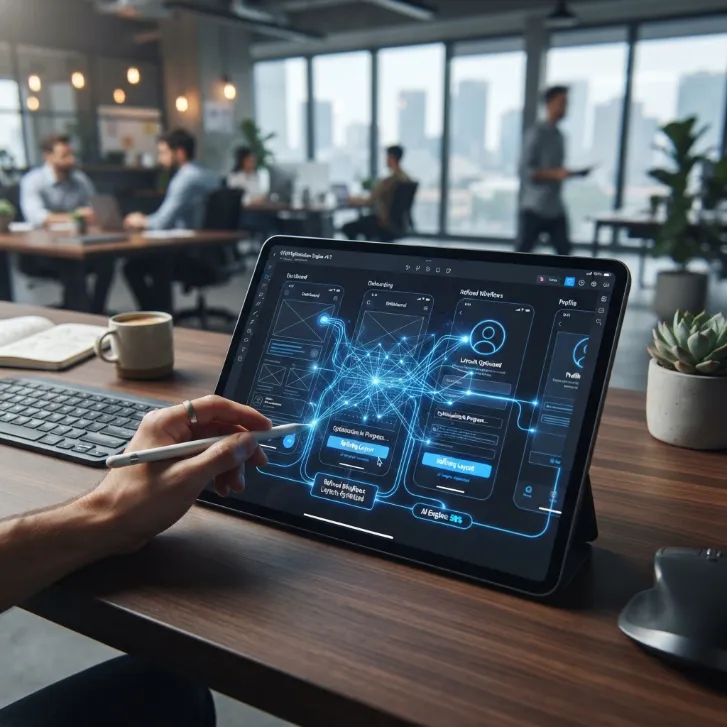 Lápiz óptico interactuando con diagramas de flujo y prototipos de diseño en una tablet.