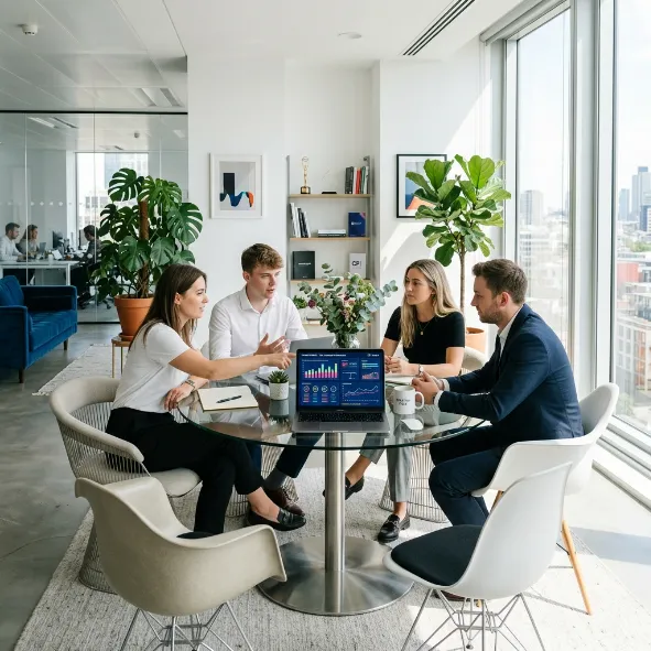 Equipo de profesionales en una reunión alrededor de una mesa redonda de cristal revisando métricas de marketing en un portátil.