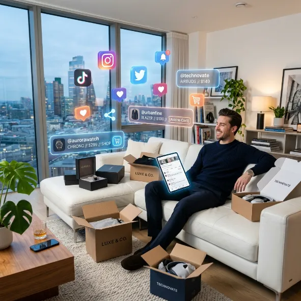 Hombre sentado en el sofá con una tableta rodeado de paquetes y notificaciones flotantes de redes sociales.