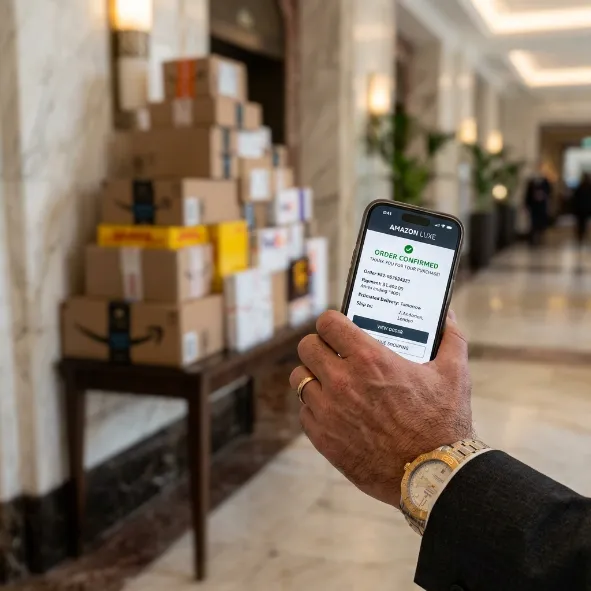 Mano con reloj sosteniendo un teléfono con pantalla de confirmación de pedido frente a una pila de paquetes.