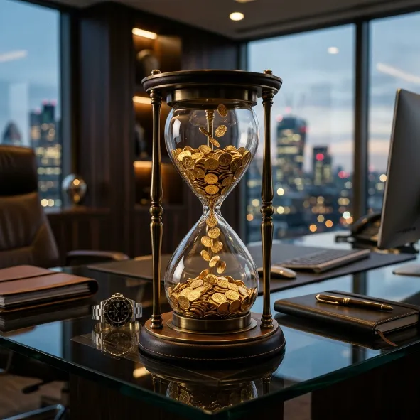 Reloj de arena sobre un escritorio ejecutivo donde las monedas de oro caen representando el paso del tiempo y el gasto de presupuesto.