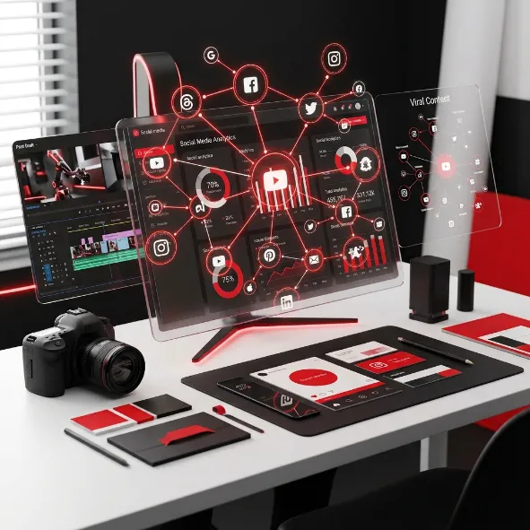 Espacio de trabajo de marketing digital con monitores que proyectan redes interconectadas de plataformas sociales y analíticas.