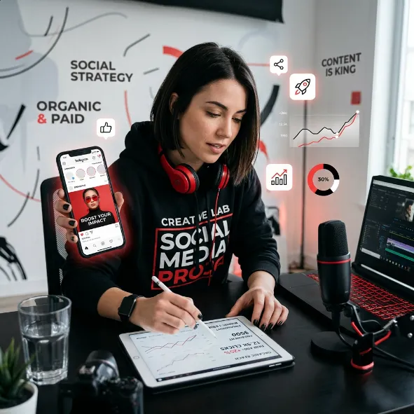 Creadora de contenido analizando métricas de campañas pautadas y orgánicas en su tablet con un smartphone en la mano.