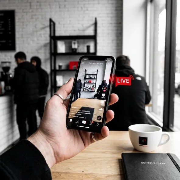 Mano sosteniendo un smartphone que transmite un video en vivo de una cafetería con una taza de café en primer plano.