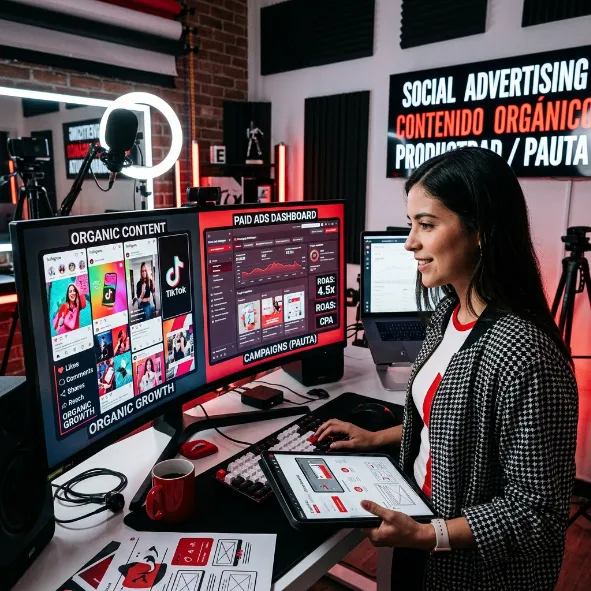 Especialista en marketing frente a monitores con paneles de contenido orgánico y métricas de pauta publicitaria.